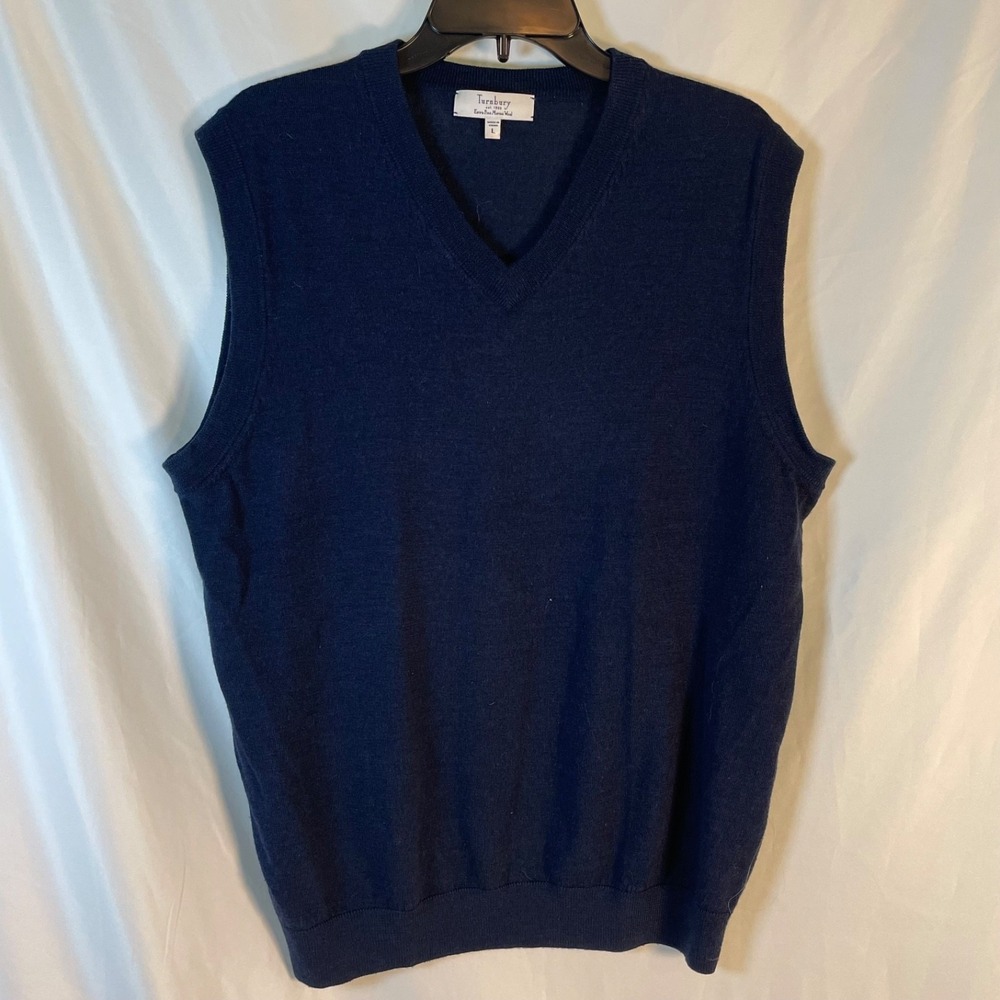 Men's Turnbury Sweater Vest L Navy Blue V Neck Extra Fine Morino Wool